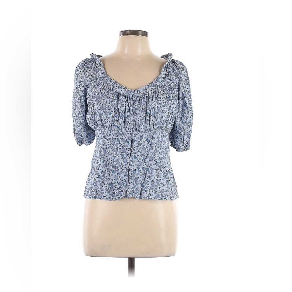 Old Navy Floral Smocked Sweetheart Neckline Blouse, Blue, Size Large, GUC!